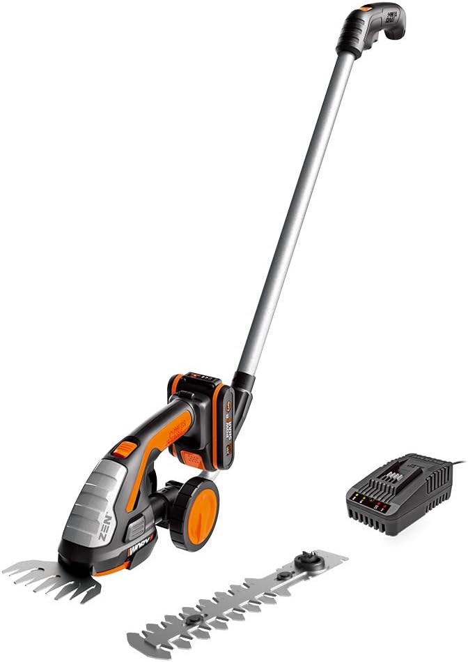 WORX 20V Akku Gras- und Strauchschere WG801E.3, PowerShare, Heckenschere Rasenschere 12 cm Strauchtrimmer, 10 cm Grasmesser, Teleslopstiel Rasenkantenschere, 18V