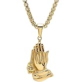 Steeltime 18K Plated Stainless Steel Praying Hands Pendant with 24" Inch Box Chain Necklace | Serenity prayer necklace | Religious Necklace for Men & Women