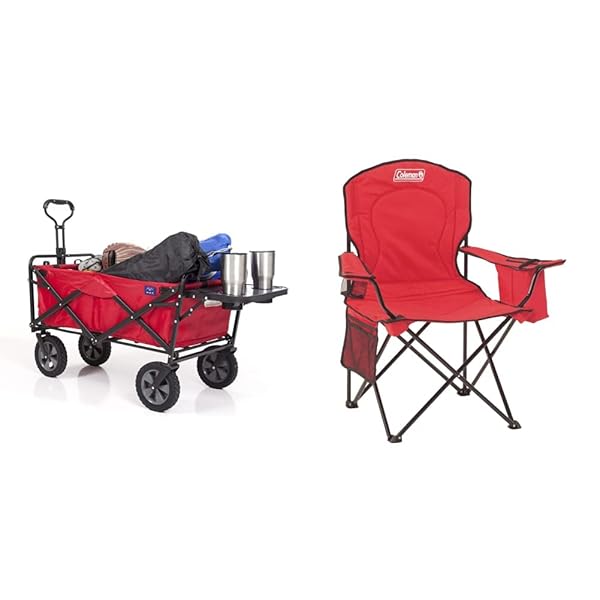 MACSPORTS Collapsible Outdoor Utility Wagon with Folding Table and Drink Holder, Bright Red