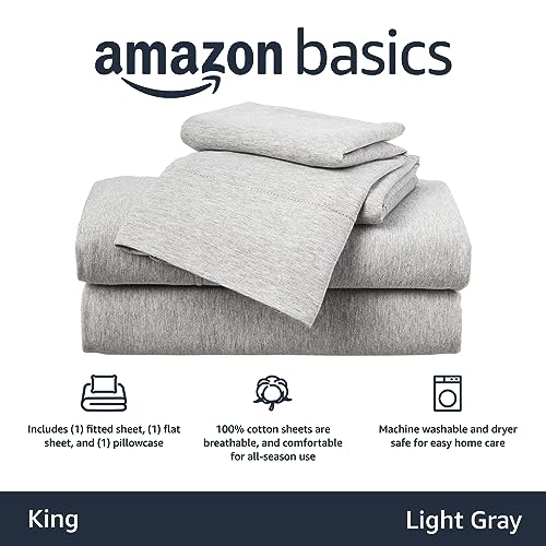 Amazon Basics Cotton Jersey 4Piece Bed Sheet Set, King, Light Gray