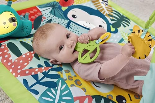 Fisher-Price 3-in-1 Rainforest Spieldecke für Babys, Spielmatte und sensorische Spielzeuge für das Spielen in der Bauchlage, Regenwalddesign, ab der Geburt, HJW08