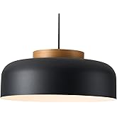 Modern Large Pendant Light Fixture, 17.7 inch,Natural Wood Cap, Matte Black Finish, Simple Pendant Lighting for Kitchen Islan