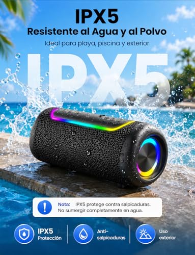 UOHHBOE Altavoz Bluetooth Portátil 30W, Sonido 360° con Graves Potentes, Bluetooth 5.4, 30H Batería, IPX5 Impermeable, Luces RGB, TWS Estéreo, USB-C, AUX, USB y TF, para Fiesta y Playa
