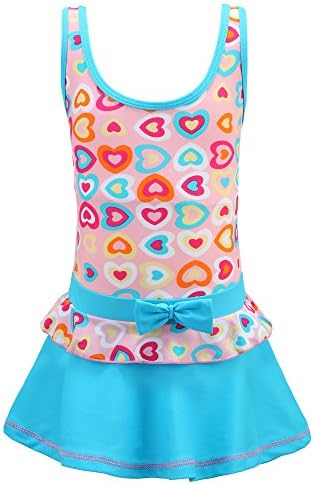 Chrysea Girls One-Piece Swimsuit colorful Heart-Shaped Patterns Printed Swimwear (6-7 Years, Pink and Blue)