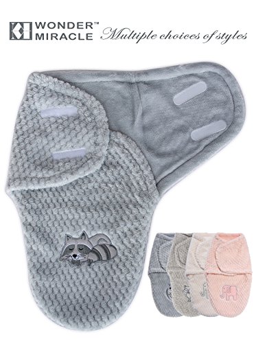 Wonder Miracle swaddle blanket sleepsack newborn baby wrap, soft tender warm fleece velcro blanket with cute raccoon embroidery for boy or girl (Light grey, small, 11 x 20 inches)