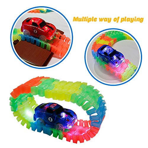 Race Rail Track Assemble Twister Amazing Race Track Kit Set Flexible Bendable Dark Glow,2 Car with Flashing Headlights LD Light,Great gift for Kids Toddlers Boys Girls,220 Pcs - Thumbnail 3