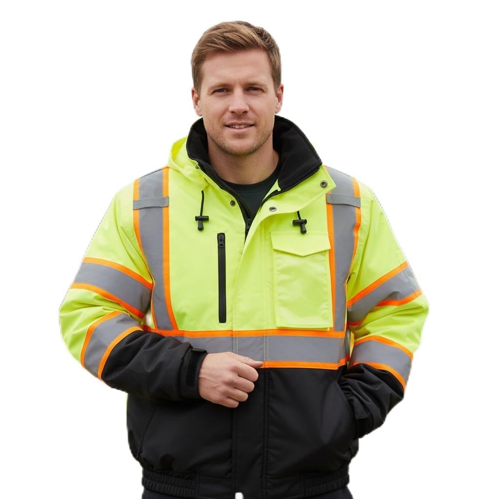 sesafety Reflective Jacket for Men, High Visibility Jackets, Safety Jackets for Men, Hi Vis Construction Bomber Jackets Waterproof with Pockets and Zipper, Black Bottom, Class 3 Image