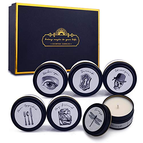CREASHINE Magic Aromatherapy Candles Set of 6, 100% Natural Soy Wax Scented Candles, Black Tinplate Tin Travel Candle for Stress Relief Yoga Bath Relaxation Meditation