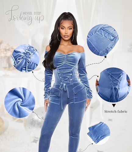 VOIKERDR LONG SLEEVE JUMPSUIT FOR WOMEN VELVET JUMPSUIT OFF THE SHOULDER BLUE JUMPSUITS HIGH WAIST SEXY BODYCON ROMPER
