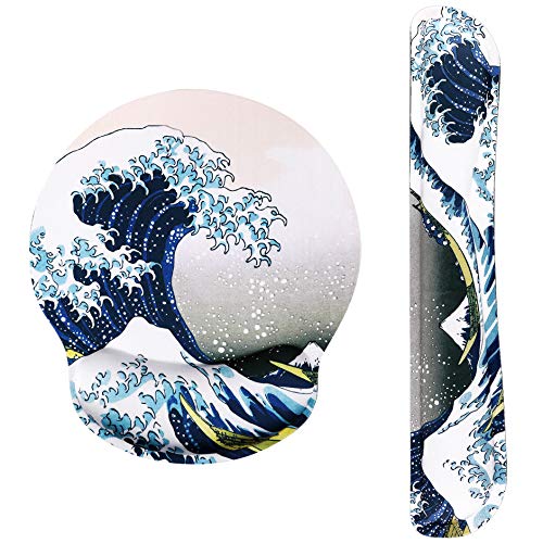 Hokusai The Great Wave Ergonomic Design Mouse Pad with Wrist Rest Hand Support and Keyboard Support. Round Large Mousing Area. Mouse Pad and Keyboard Pad for Laptop, PC Computer & Mac.