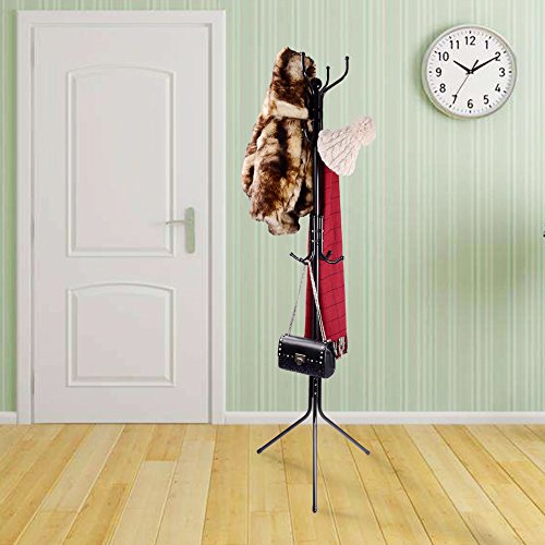 12-Hook Standing Coat Hat Rack Metal Umbrella Stand, Black CR12