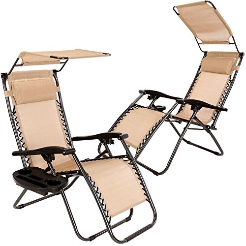 Set of 2 Zero Gravity Outdoor Lounge Chairs w/ Sunshade +Cup Holder with Mobile Device Slot Adju ...