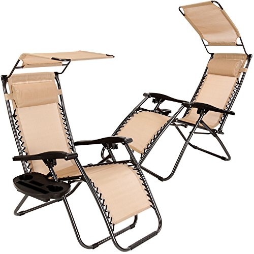 Set of 2 Zero Gravity Outdoor Lounge Chairs w/ Sunshade +Cup Holder with Mobile Device Slot Adjustable Folding Patio Reclining Chairs W/ Canopy+ Snack Tray