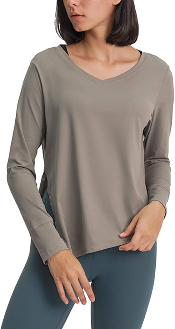 PUWEI Women's Athletic V Neck Side Slit Long Sleeve Stretch Workout