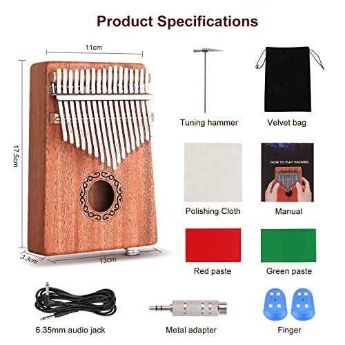 CXhome Electric Kalimba 17 Key Thumb Piano,Mbira African Mahogany Finger Piano Pickup with 6.35mm Audio Interface Sanza Hand Kit, Likembe Musical Instruments for beginners or professioners