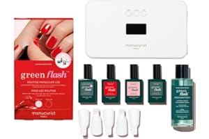 Manucurist - New Green Flash Slim Gel Nail Polish Kit - 36W LED Lamp with Base Coat + Top Coat + 2 Colors: Poppy Red Polish & Pale Pink Hortencia + Remover + Nail Clips - Christmas Gifts for Women