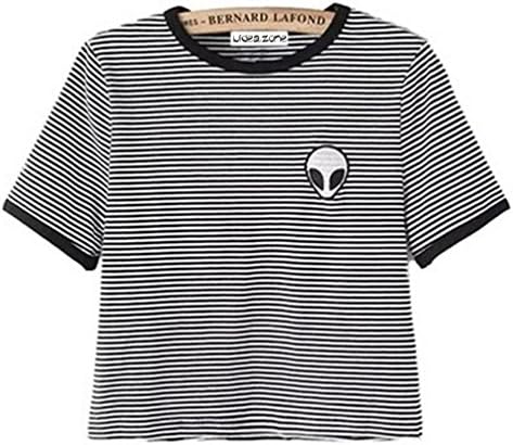 Girls Fashion Alien Print Short Sleeve Tee Cotton Casual Blouse Crop Tops (L, Stripe)