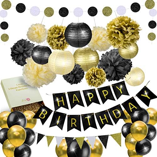 31 Pcs of Black Gold and Cream Birthday Decoration Set Pompom Lanterns