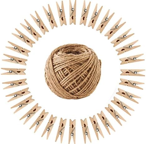 100m Jute Twine String and 100 Pieces Mini Natural Wooden Photo Pegs DIY Craft Card Holder Clips