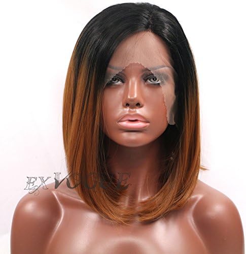 Exvogue Short Brown Ombre Bob Lace Front Wigs for Women with Black Roots Synthetic Heat Friendly 100% Fiber Straight Hair