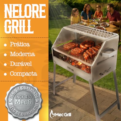 Churrasqueira Aço Inox A Carvão Duas Grelhas Nelore Grill 50x30 Chão Parede Portátil Desmontável Resistente Mec Grill