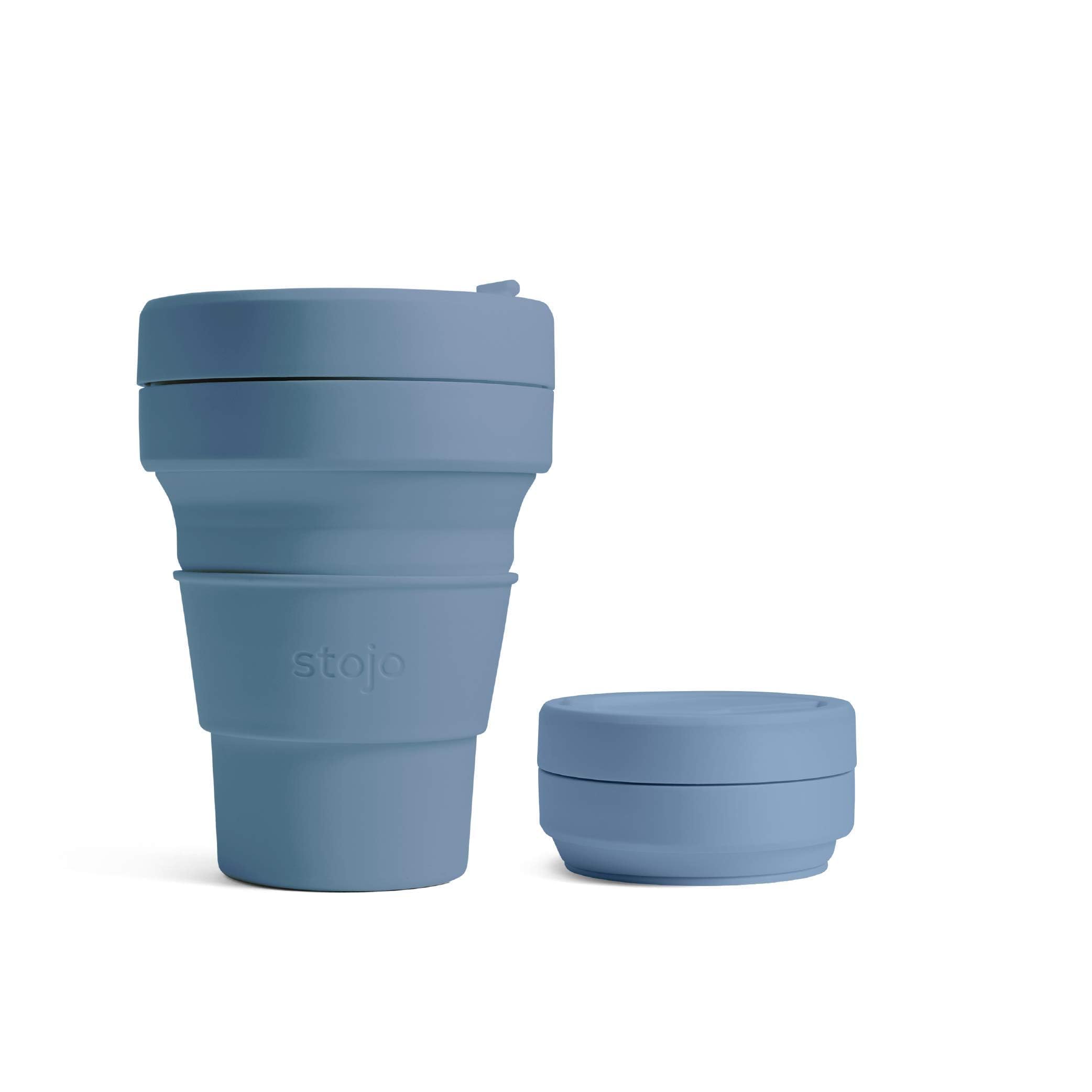 STOJO On-The-Go Mini Collapsible Junior Cup - 8oz / 237ml - Reusable & Foldable Silicone Travel Mug with Lid and Straw - Portable, Pocket Size - Dishwasher Safe - Steel Blue