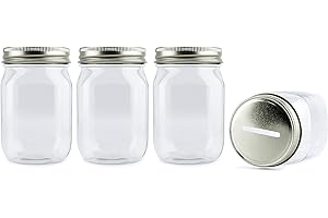 Cornucopia Brands Small Coin Bank Jars (4-Pack, Clear); 16oz Clear Plastic Mason Jar Coin Banks w/Gold Slotted Lids