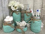 Painted Mason Jar Bathroom Set of 5 | SEAGLASS Rustic Distressed Farmhouse Decor Bathroom Soap Dispenser, Painted Mason Jar | Burlap Bowtique