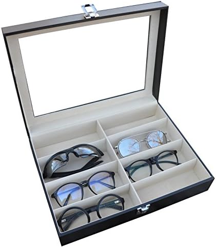 Eyewear Eyeglasses Sunglasses Organizer Storage Display Case | 8 Compartments | Combination of Leather, Velvet, Acrylic Lid, MDF | Best Quality | Best Display | Best Protection | Black | MUYMED Gifts