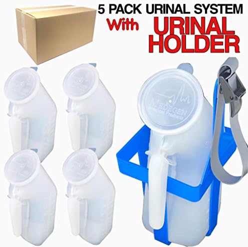Bedside Table Reusable Portable Male High Capacity Urinal System with Splash Resistant Snap Lid 32oz./1000mL (5 Pack) (5, with Holder)
