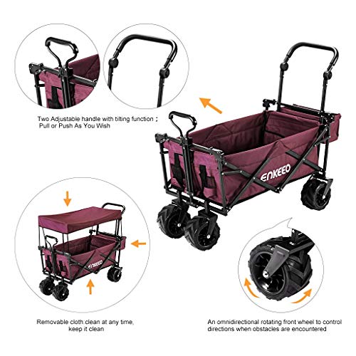 ENKEEO Foldable Utility Wagon Collapsible Sports Outdoor Cart with Removable Canopy, Large Capacity and Tilting Handle for Camping Beach Sporting Events Concerts Shopping (Burgundy)
