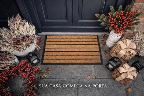Tapete Capacho de Entrada Fibra de Coco Natural com Base Antiderrapante em Borracha 40x60cm Listrado para Porta Interna e Externa