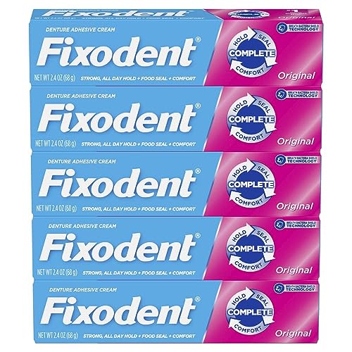 FIXODENT ORIGINAL SECURE DENTURE ADHESIVE CREAM FOR FULL AND PARTIAL DENTURE WEARERS, 2.4OZ (PACK OF 5)