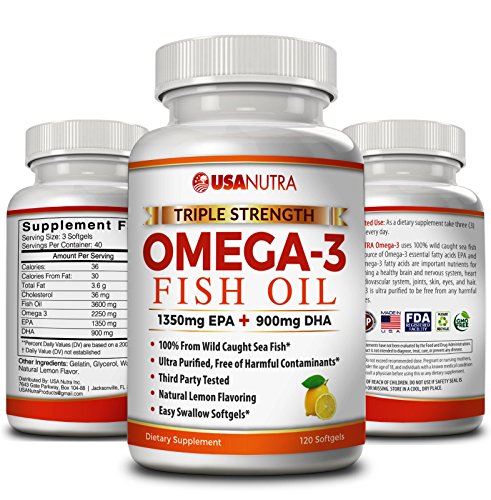Fish Oil Triple Strength Omega 3 - 1350 EPA + 900 DHA Ultra Pure Wild Caught Icelandic Fish Oil 120 Softgels Made in USA
