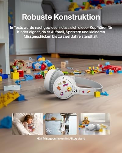 SoundForm Mini kabelloser Kinderkopfhörer mit integriertem Mikrofon und lustigen Aufklebern, 30 Std. Wiedergabe – Over-Ear-Kopfhörer für Unterricht, Ferien, iPhone, iPad, Galaxy – Weiß