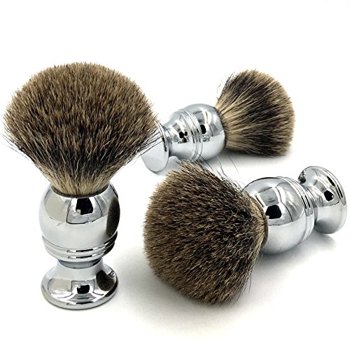 100% Pure Genuine Badger Brush - Outstanding Quality Elegant Silvery Brush Handle + Beautiful Stainless Steel Shaving Soap Bowl and Razor Brush Stand, The Best Gift for Gent Mens