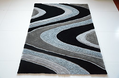 All New Contemporary Solid Colored Silky Touch MultiColor Tufted 3D Shag Rugs by Rug Deal Plus (5' x 7', Grey/Black)