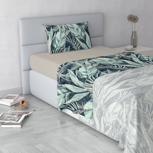 Fashion Bed Sheet Set, Made in Italy, Soft Microfibre Bed Set, Fitted Sheet, Top Sheet 180 x 270 cm and Pillowcase with Inner Flap, Double and Queen, Tropical
