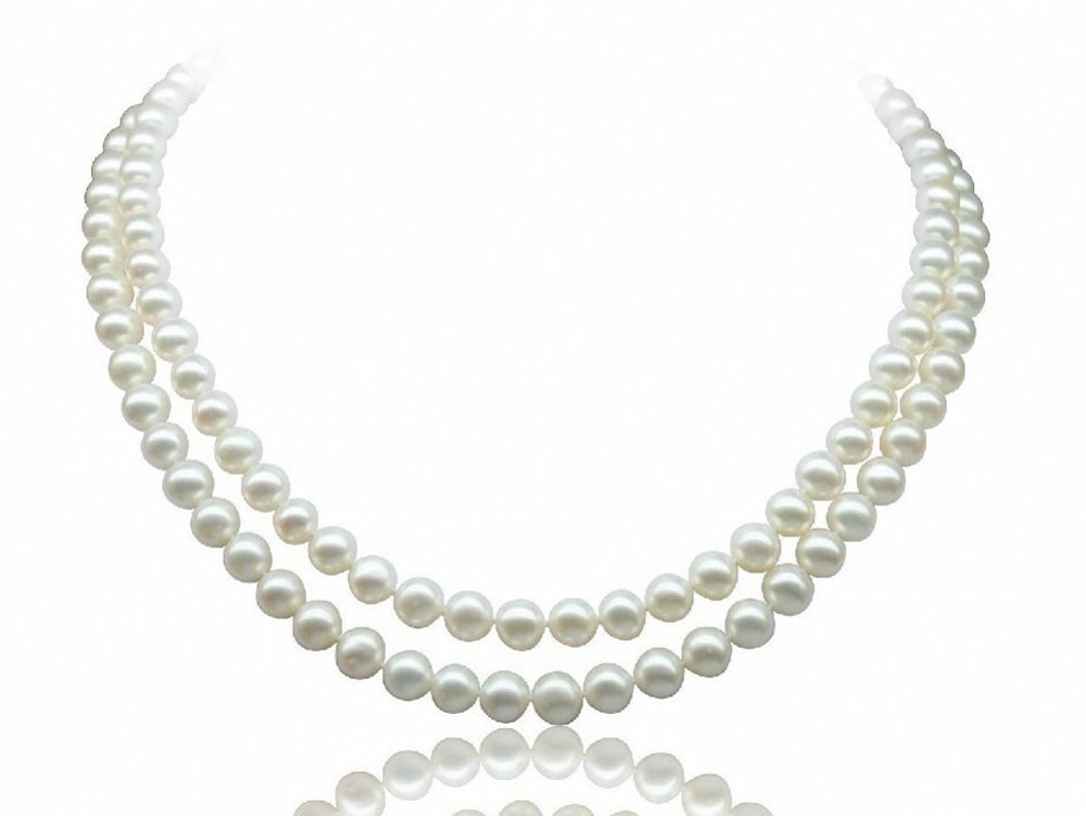 Treasure Bay Handcrafted Two-Row 7mm White Natural Fresh Water Pearl Necklace, Two Strands Womens Pearl Necklace