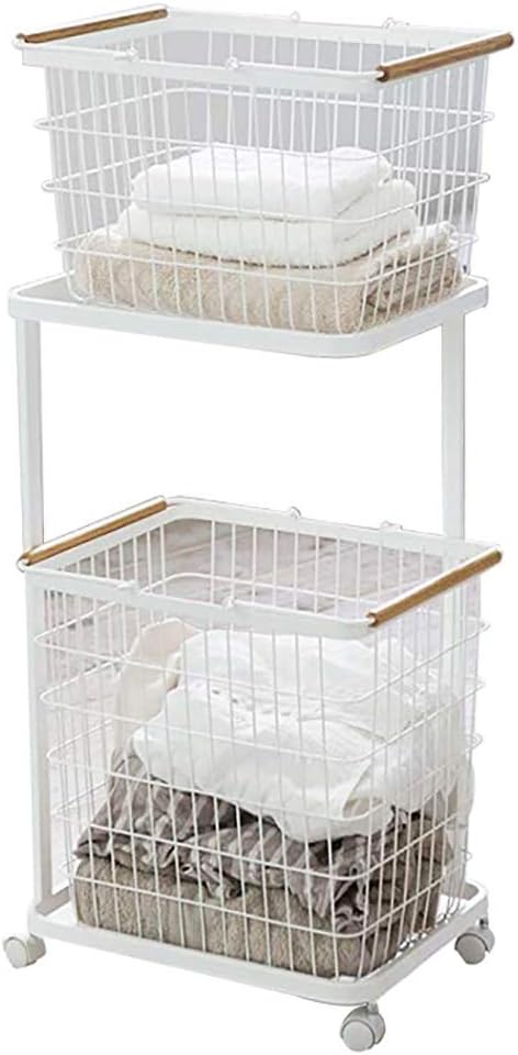 Laundry basket 2 Floor Rolling Laundry Sorter, Laundry Basket On Wheels, Hamper With Removable Basket-white