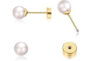Tiny Pearl Stud Earrings Flat Screw Back Stud for Women Girls,14K Gold Pearl Cartilage Helix Hypoallergenic 316L Surgical Ste