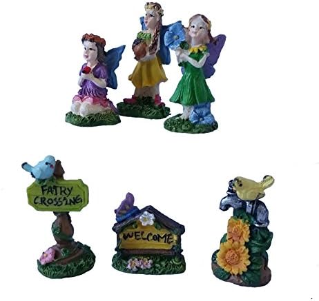 6 Fairy Garden Figurines Miniatures bundle - 2 items 1 pack 3 fairies, 1 pack sign posts
