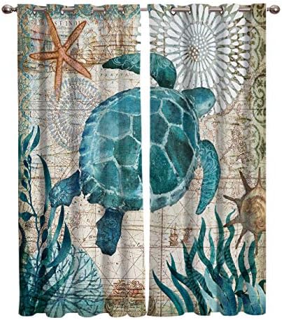 Blackout Curtain Window Drapes Thermal Insulated Curtains 2 Panels, Sea Turtle Ocean Animal Landscape Room Darkening for Living Room Bedroom Window Treatments 52x63 inch