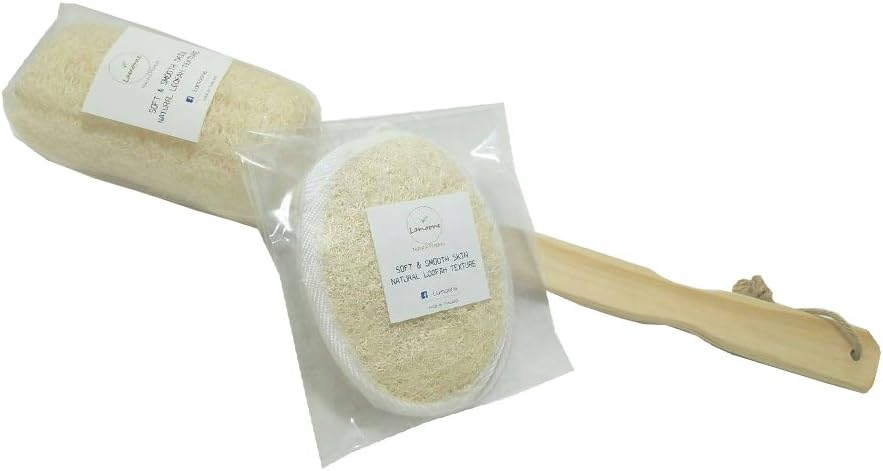 Set of 3, Natural Exfoliating Loofah Luffa Loofa Back Sponge Scrubber Brush with Long Wooden Handle Stick + 2 Loofah Pads Shower Cleaning Brush Body Scrubber