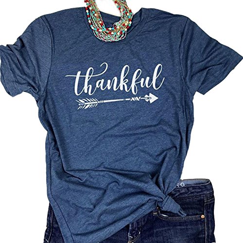 Pxmoda Women's Casual Letters Printed T-Shirt Short Sleeves Faith Over Fear Arrow Tee Tops (M, Navy-Thankful)