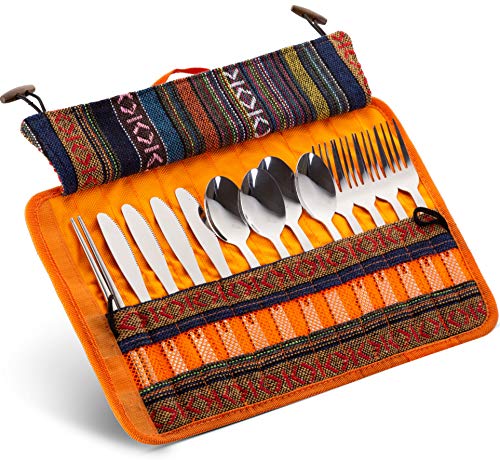 Cutlery Organizer Utensil Travel Set - 13 Piece Silverware Display Stand | Cotton and Linen Flatware Storage Pouch Travel Kit with Handle for Hiking, Picnics, BBQ's | Forks Spoons Knives Chopsticks