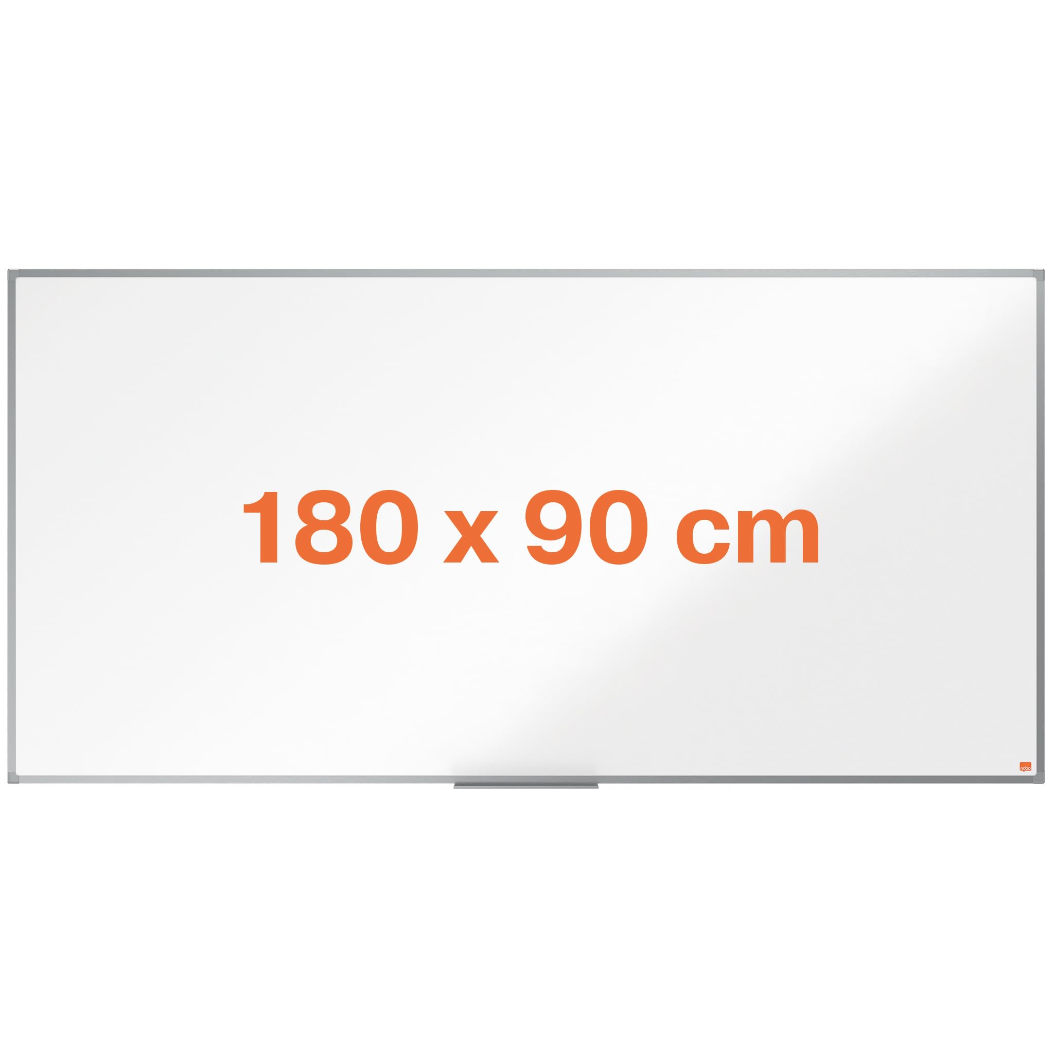 Nobo Steel Magnetic Whiteboard, 1800 x 900mm, Aluminium Trim, Corner Wall Mounting, Includes Whiteboard Pen Tray, Essence Range, 180 x 90cm, White, 1915450