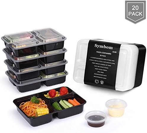 [20 Pack] Symbom 3 Compartment 35oz Meal Prep Containers BPA Free Food Storage and Portion Control Lunch Containers with 6 Bonus Condiment Cups - Stackable, Reusable, Microwave &amp; Freezer Safe