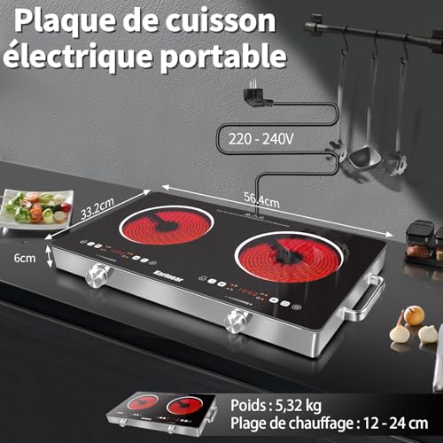 Karinear Portable 2-Burner Ceramic Hob with Handle, Electric Camping Hob, 650°C Max, 2 Burners with VDE Socket, Child Safety, Residual Heat Indicator, 220-240V