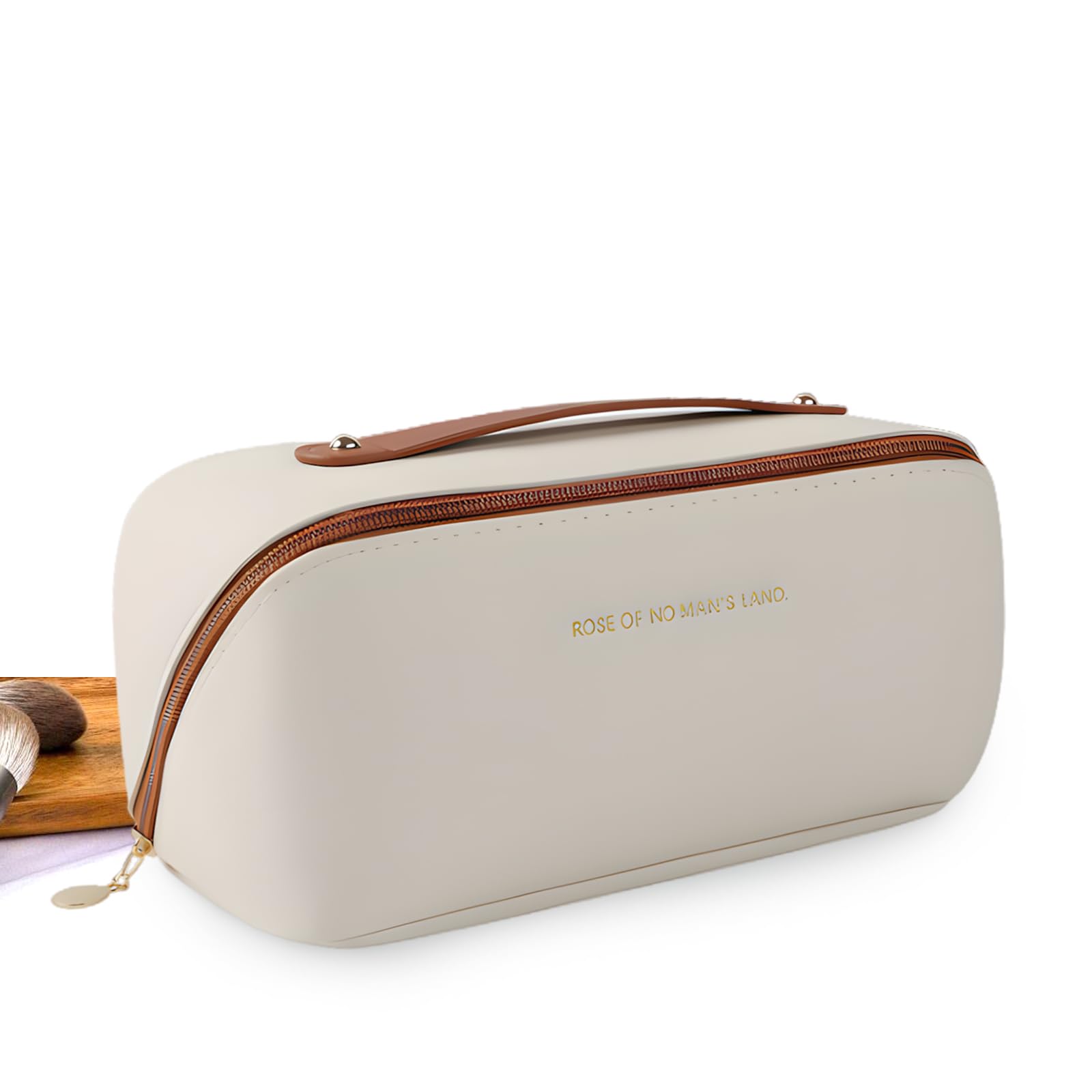 Large Capacity Travel Cosmetic Bag,Premium PU Cosmetic Bag Travel Bag, Waterproof Multifunctional Double-Layer Makeup Storage Bag, Portable, with Compartments for Women Girls (Off-White)